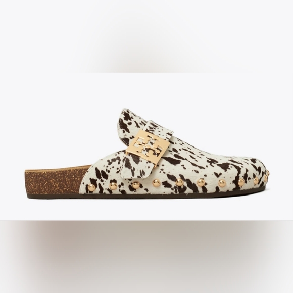 TORY BURCH MELLOW STUDDED MULE cow Print With Gold Studs Woman's 10 Slides NIB - Picture 2 of 11
